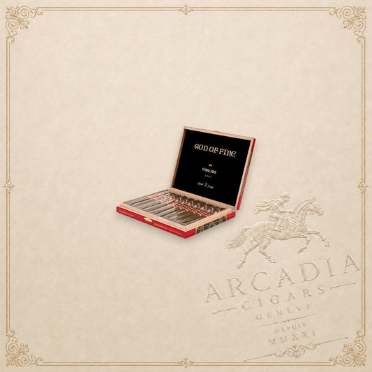 Arcadia Cigars God of Fire by Carlito Double Robusto cigar box featuring premium Dominican cigars in a wooden case.