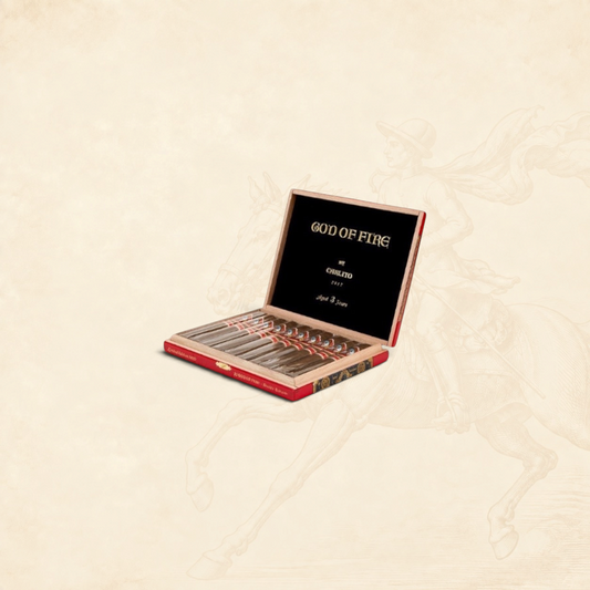 Arcadia Cigars God of Fire by Carlito Double Robusto cigar box featuring premium Dominican cigars in a wooden case.