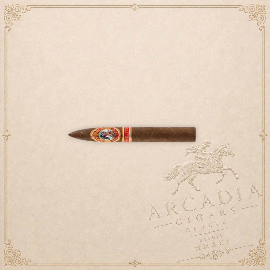 Arcadia Cigars God of Fire by Carlito Piramide cigar with a tapered head and ornate band on a textured background.