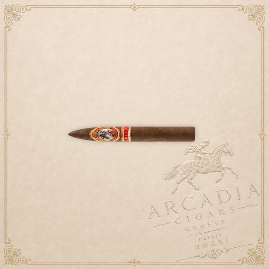Arcadia Cigars God of Fire by Carlito Piramide cigar with a tapered head and ornate band on a textured background.