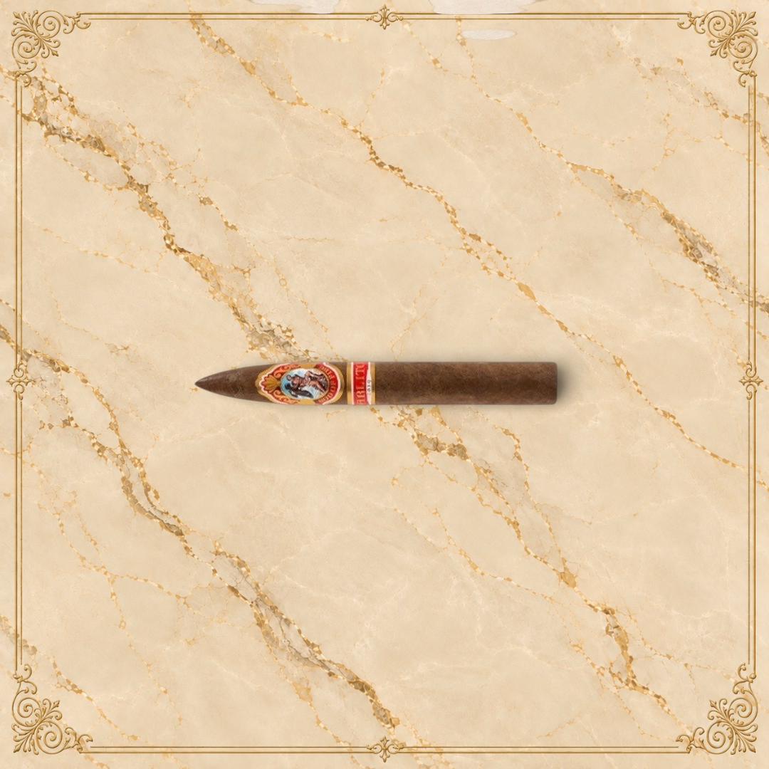 Arcadia Cigars God of Fire by Carlito Piramide cigar with a tapered head and ornate band on a textured background.