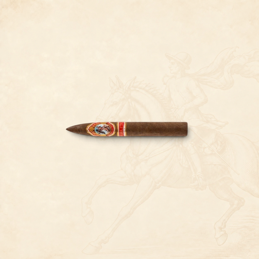 Arcadia Cigars God of Fire by Carlito Piramide cigar with a tapered head and ornate band on a textured background.