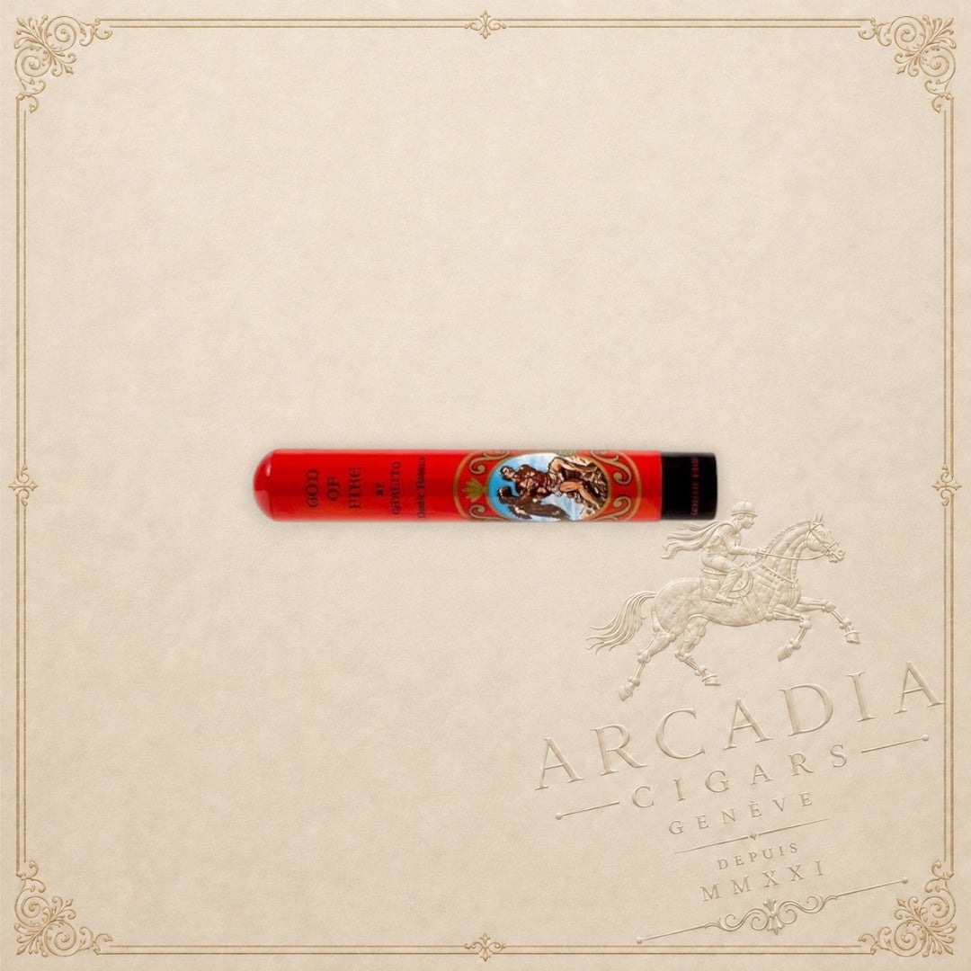 Arcadia Cigars God of Fire by Carlito Double Robusto cigar in a vibrant red protective metal tubo with gold accents