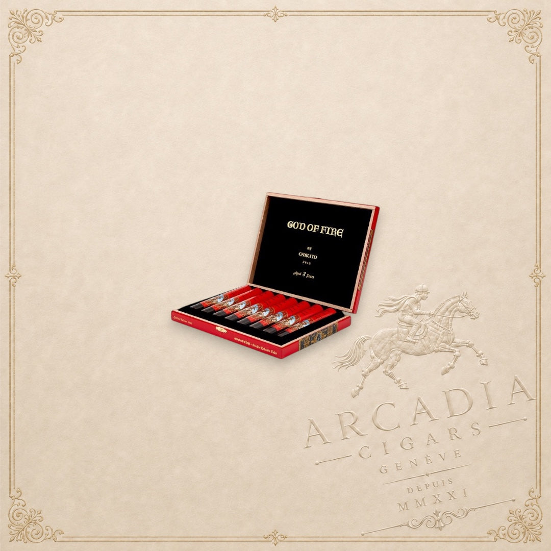 Arcadia Cigars God of Fire by Carlito Double Robusto cigars in a red presentation box with individual protective tubos