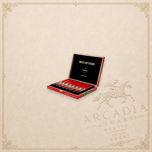 Arcadia Cigars God of Fire by Carlito Double Robusto cigars in a red presentation box with individual protective tubos