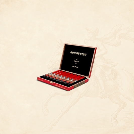 Arcadia Cigars God of Fire by Carlito Double Robusto cigars in a red presentation box with individual protective tubos