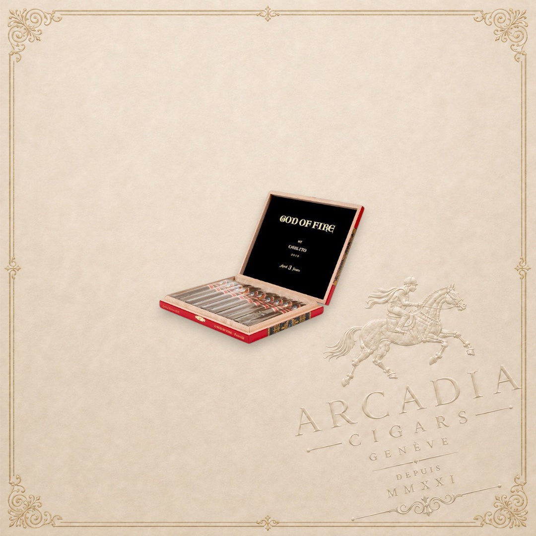 Arcadia Cigars God of Fire by Carlito Piramide cigar box containing premium handcrafted cigars in a wooden case.