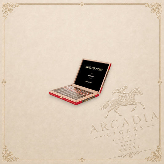 Arcadia Cigars God of Fire by Carlito Piramide cigar box containing premium handcrafted cigars in a wooden case.