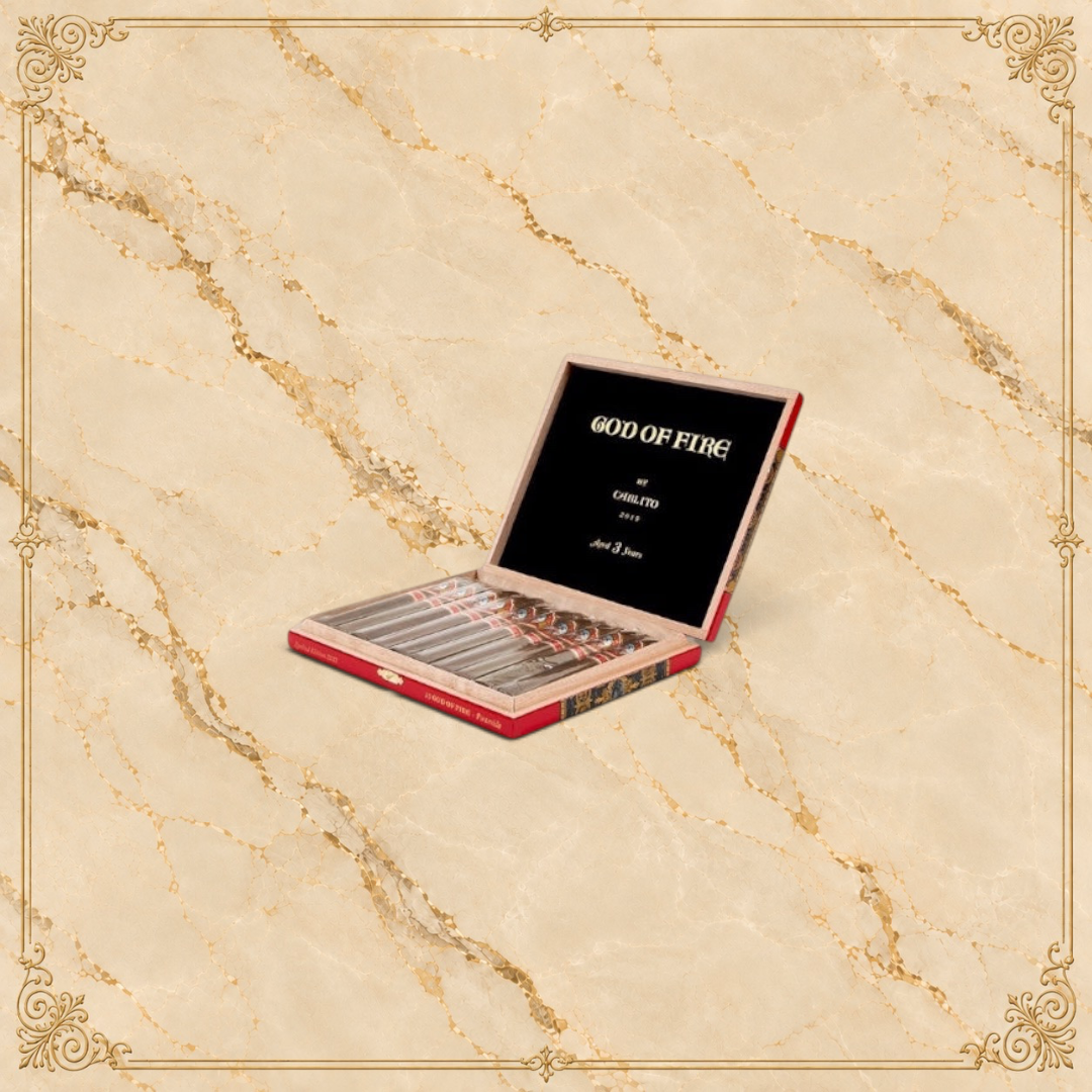Arcadia Cigars God of Fire by Carlito Piramide cigar box containing premium handcrafted cigars in a wooden case.