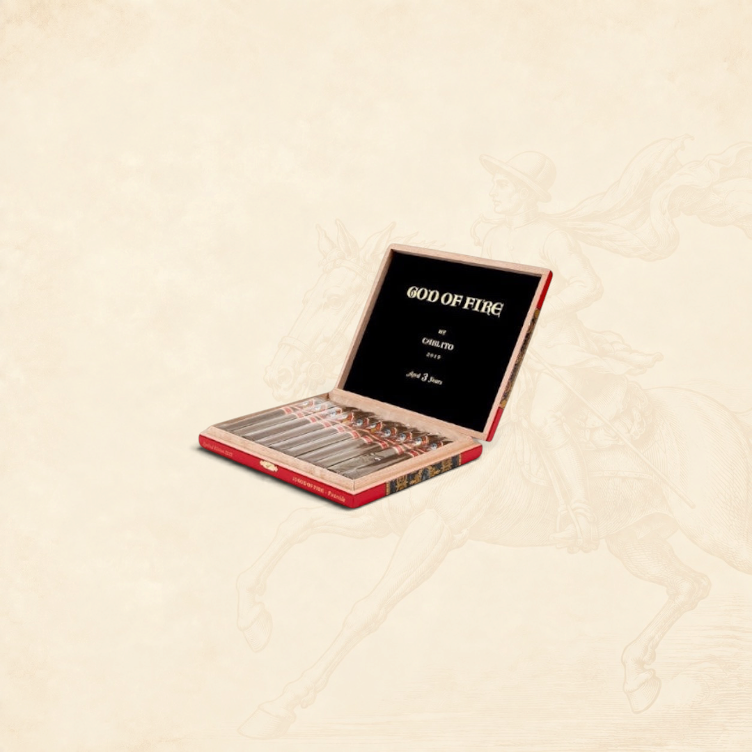 Arcadia Cigars God of Fire by Carlito Piramide cigar box containing premium handcrafted cigars in a wooden case.
