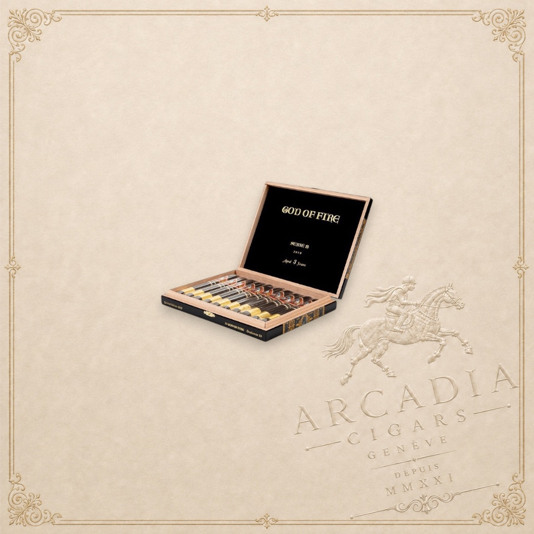 Arcadia Cigars God of Fire Serie B Diademas 56 cigar box featuring premium cigars in a wooden display case
