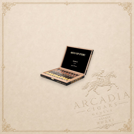 Arcadia Cigars God of Fire Serie B Diademas 56 cigar box featuring premium cigars in a wooden display case
