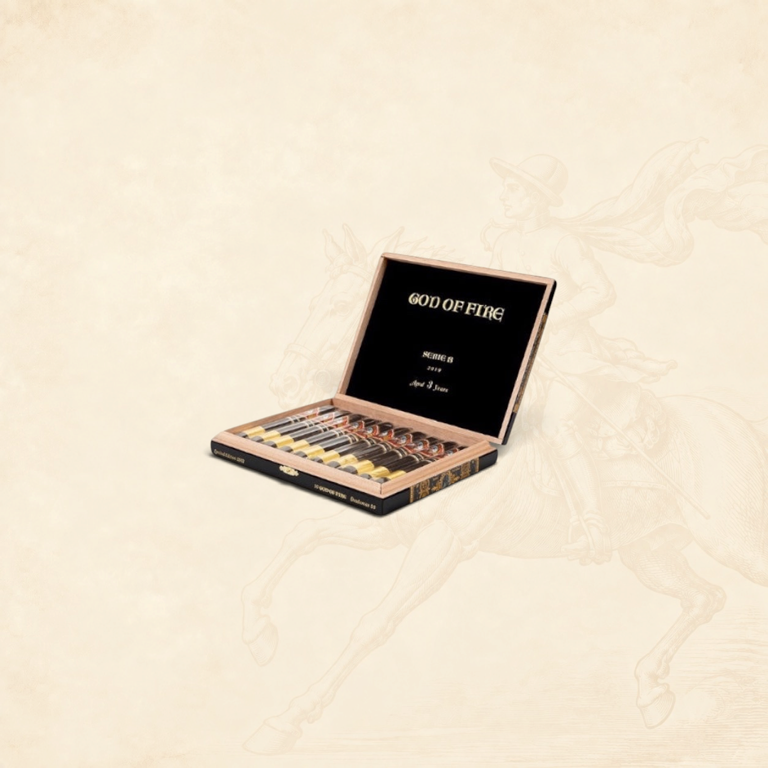 Arcadia Cigars God of Fire Serie B Diademas 56 cigar box featuring premium cigars in a wooden display case