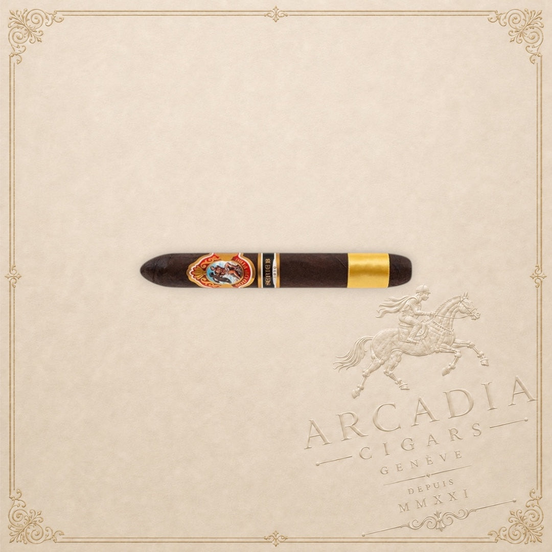 Arcadia Cigars God of Fire Serie B Diademas 56 cigar with dark wrapper and ornate gold and red bands