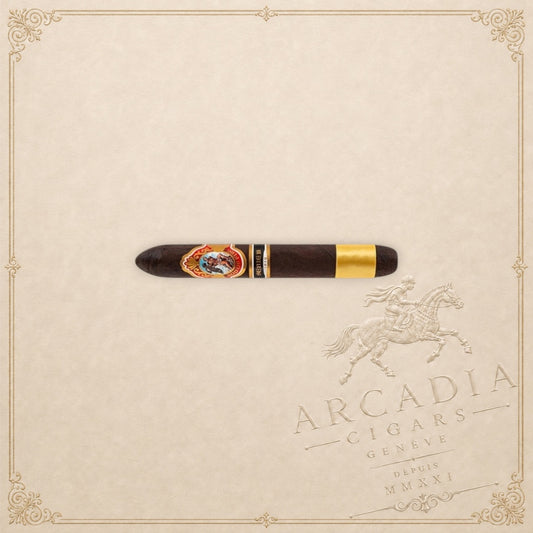 Arcadia Cigars God of Fire Serie B Diademas 56 cigar with dark wrapper and ornate gold and red bands
