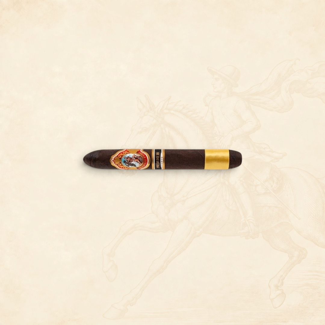 Arcadia Cigars God of Fire Serie B Diademas 56 cigar with dark wrapper and ornate gold and red bands