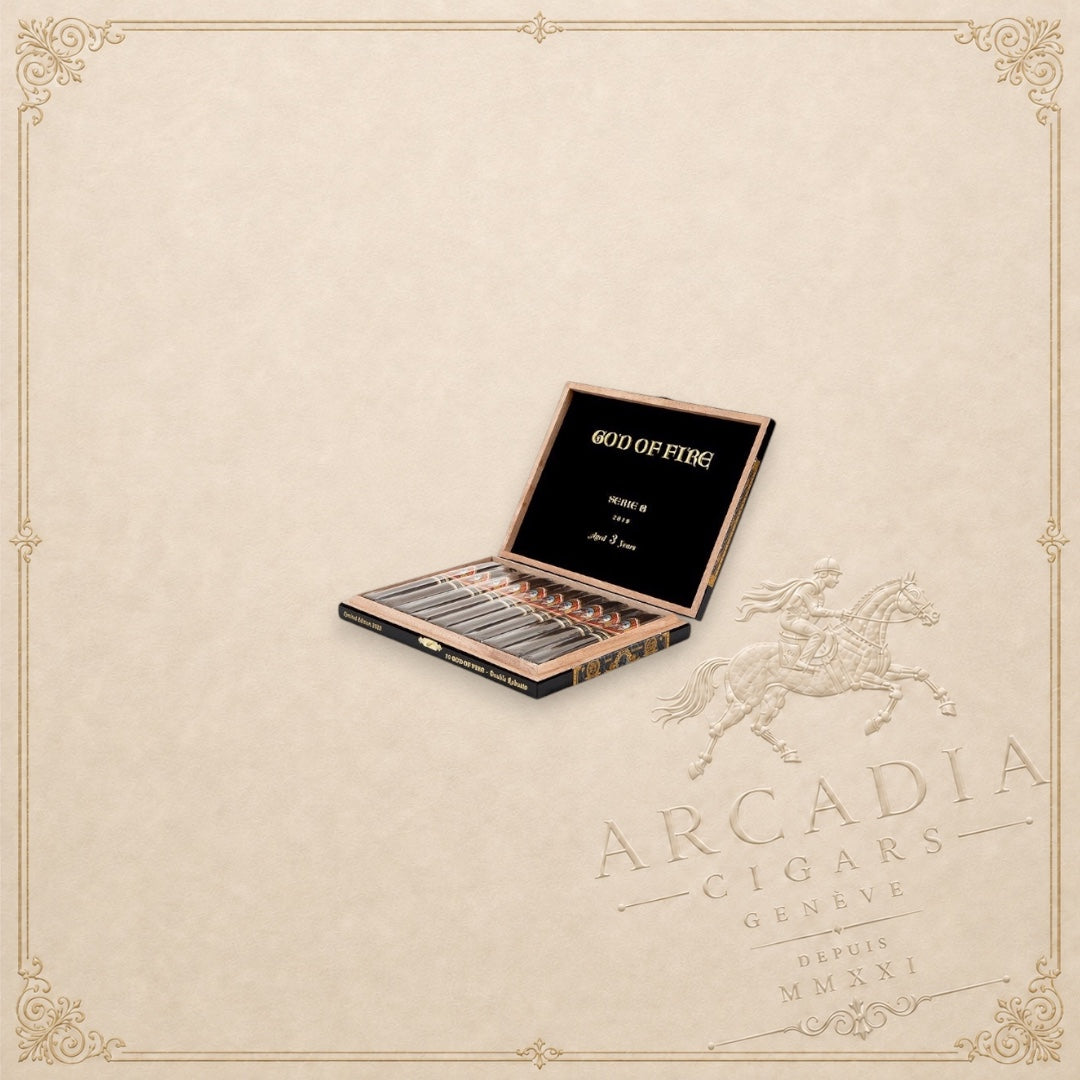 Arcadia Cigars God of Fire Serie B Double Robusto cigar box with individually wrapped cigars on a textured background