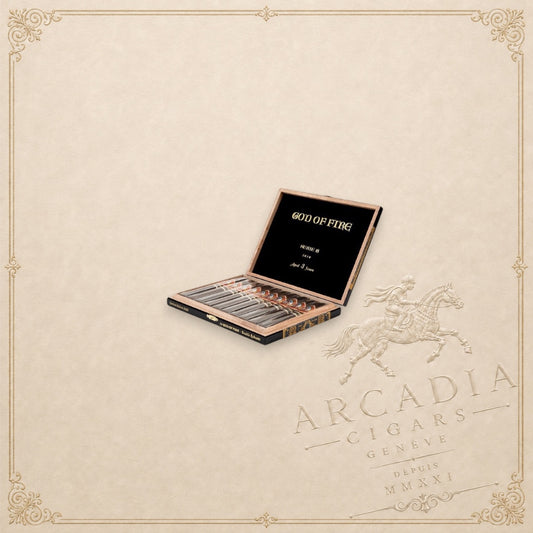 Arcadia Cigars God of Fire Serie B Double Robusto cigar box with individually wrapped cigars on a textured background