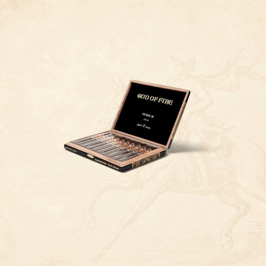 Arcadia Cigars God of Fire Serie B Double Robusto cigar box with individually wrapped cigars on a textured background