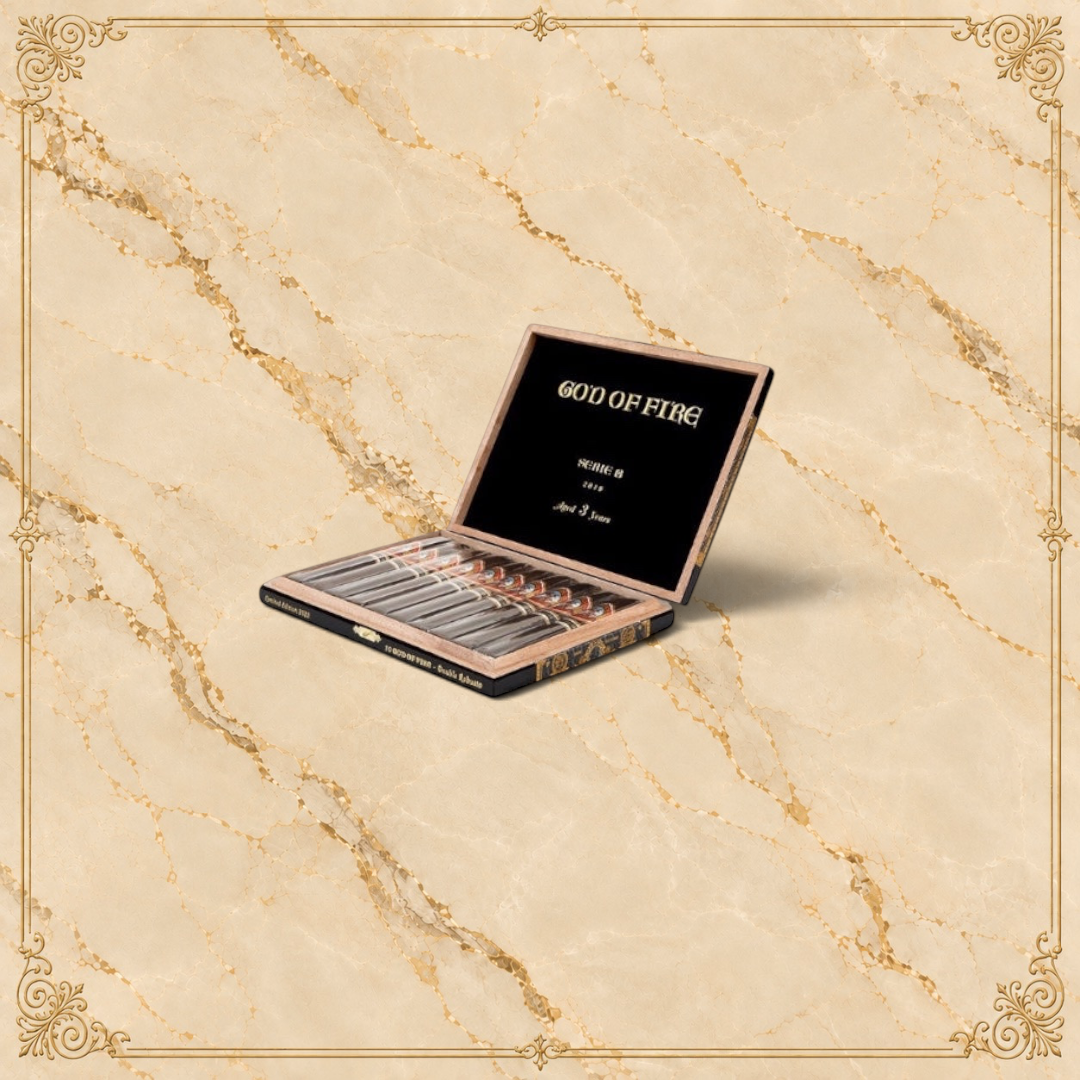 Arcadia Cigars God of Fire Serie B Double Robusto cigar box with individually wrapped cigars on a textured background