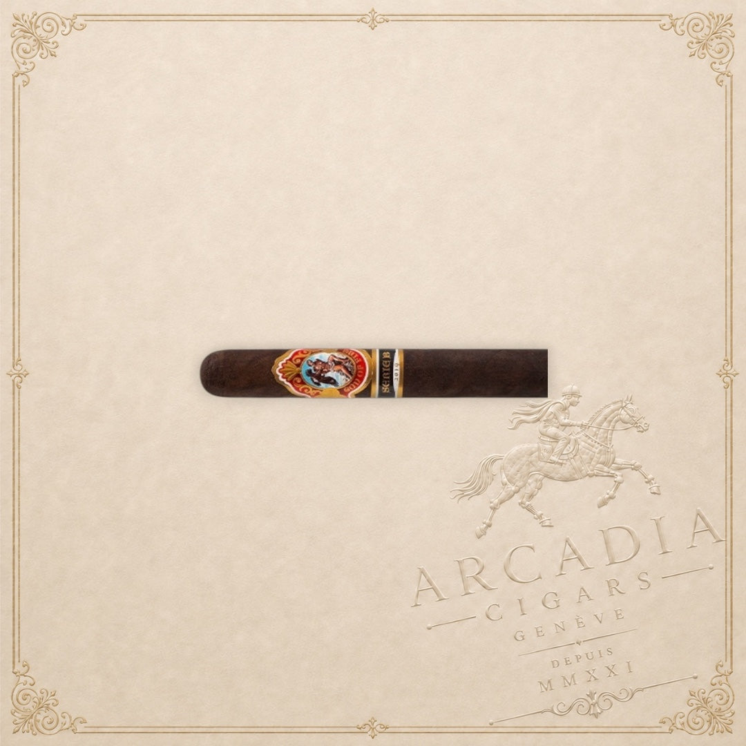 Arcadia Cigars God of Fire Serie B Double Robusto cigar with a dark wrapper and ornate gold and red band
