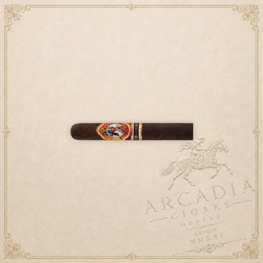 Arcadia Cigars God of Fire Serie B Double Robusto cigar with a dark wrapper and ornate gold and red band