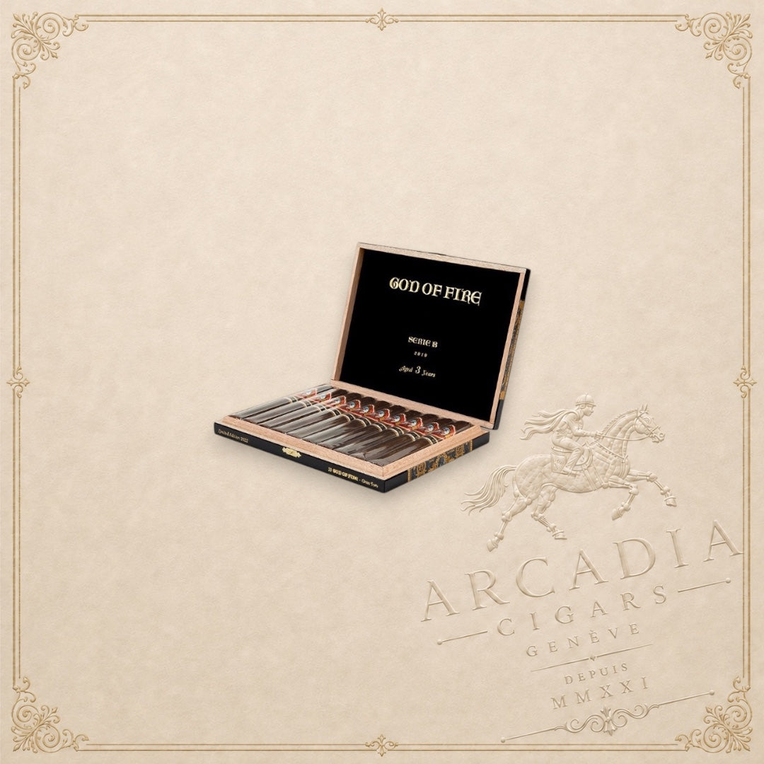 Arcadia Cigars God of Fire Serie B Gran Toro cigar box featuring premium aged cigars in a luxury black presentation
