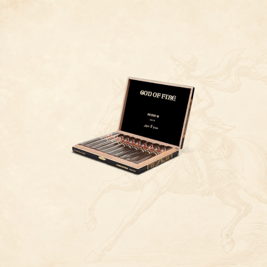 Arcadia Cigars God of Fire Serie B Gran Toro cigar box featuring premium aged cigars in a luxury black presentation
