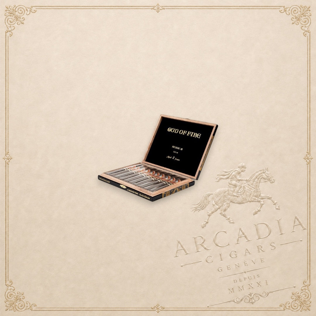 Arcadia Cigars God of Fire Serie B Robusto cigar box featuring premium handcrafted cigars in a limited edition set