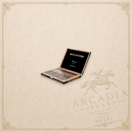 Arcadia Cigars God of Fire Serie B Robusto cigar box featuring premium handcrafted cigars in a limited edition set