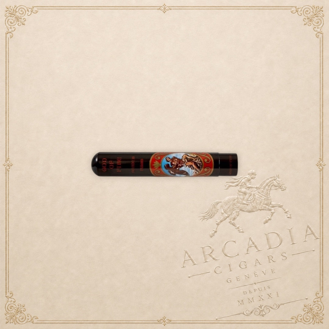 Arcadia Cigars God of Fire Serie B Robusto cigar in a protective black tubo with ornate decorative branding