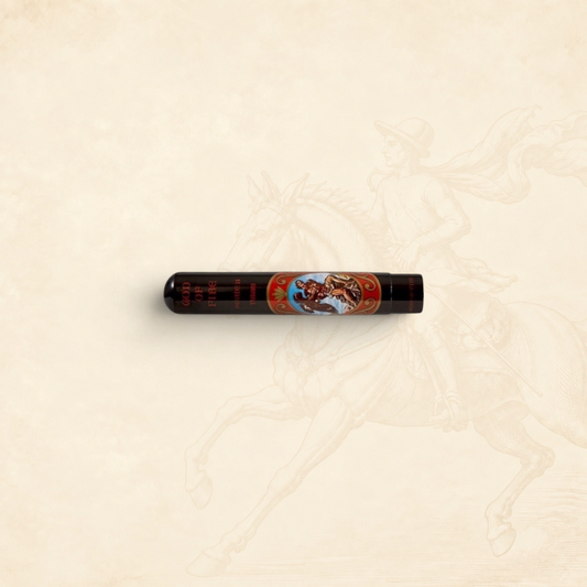 Arcadia Cigars God of Fire Serie B Robusto cigar in a protective black tubo with ornate decorative branding
