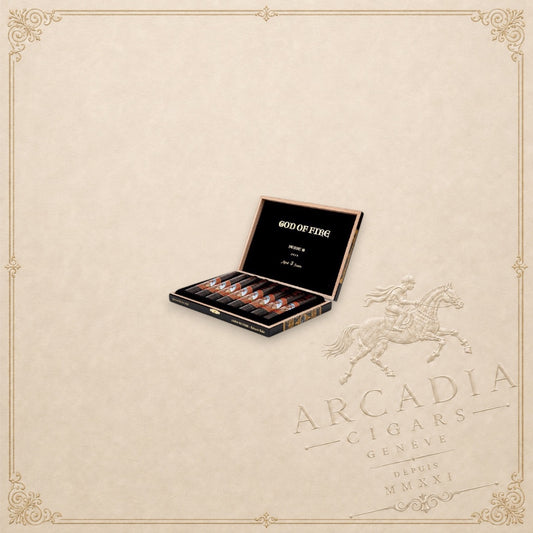 Arcadia Cigars God of Fire Serie B Robusto Tubos cigars in a black presentation box with gold lettering.