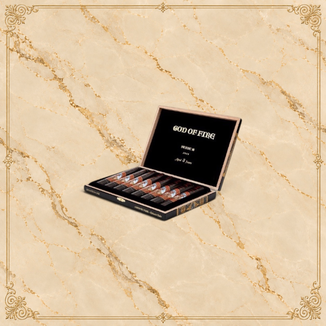 Arcadia Cigars God of Fire Serie B Robusto Tubos cigars in a black presentation box with gold lettering.