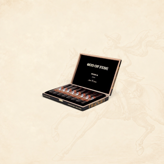 Arcadia Cigars God of Fire Serie B Robusto Tubos cigars in a black presentation box with gold lettering.