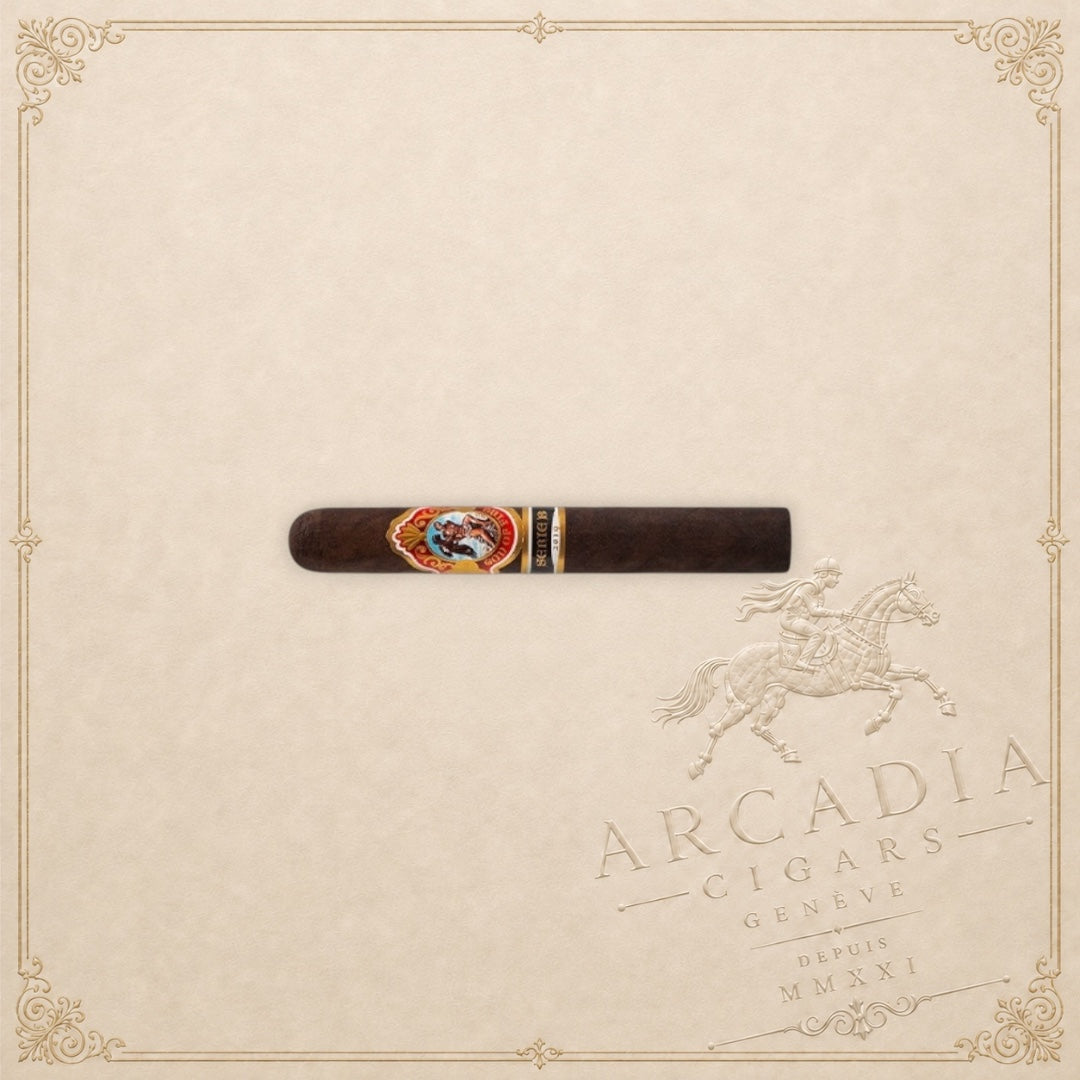 Arcadia Cigars God of Fire Serie B Robusto cigar with a dark wrapper and ornate decorative band