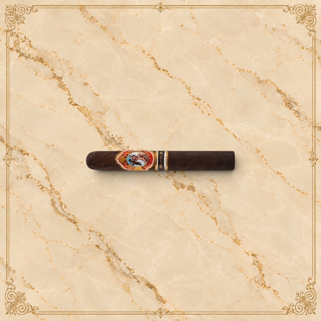 Arcadia Cigars God of Fire Serie B Robusto cigar with a dark wrapper and ornate decorative band