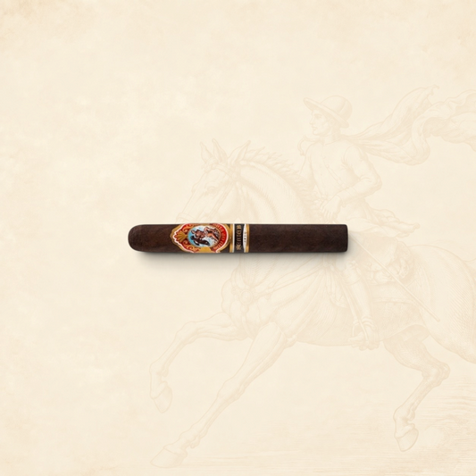 Arcadia Cigars God of Fire Serie B Robusto cigar with a dark wrapper and ornate decorative band