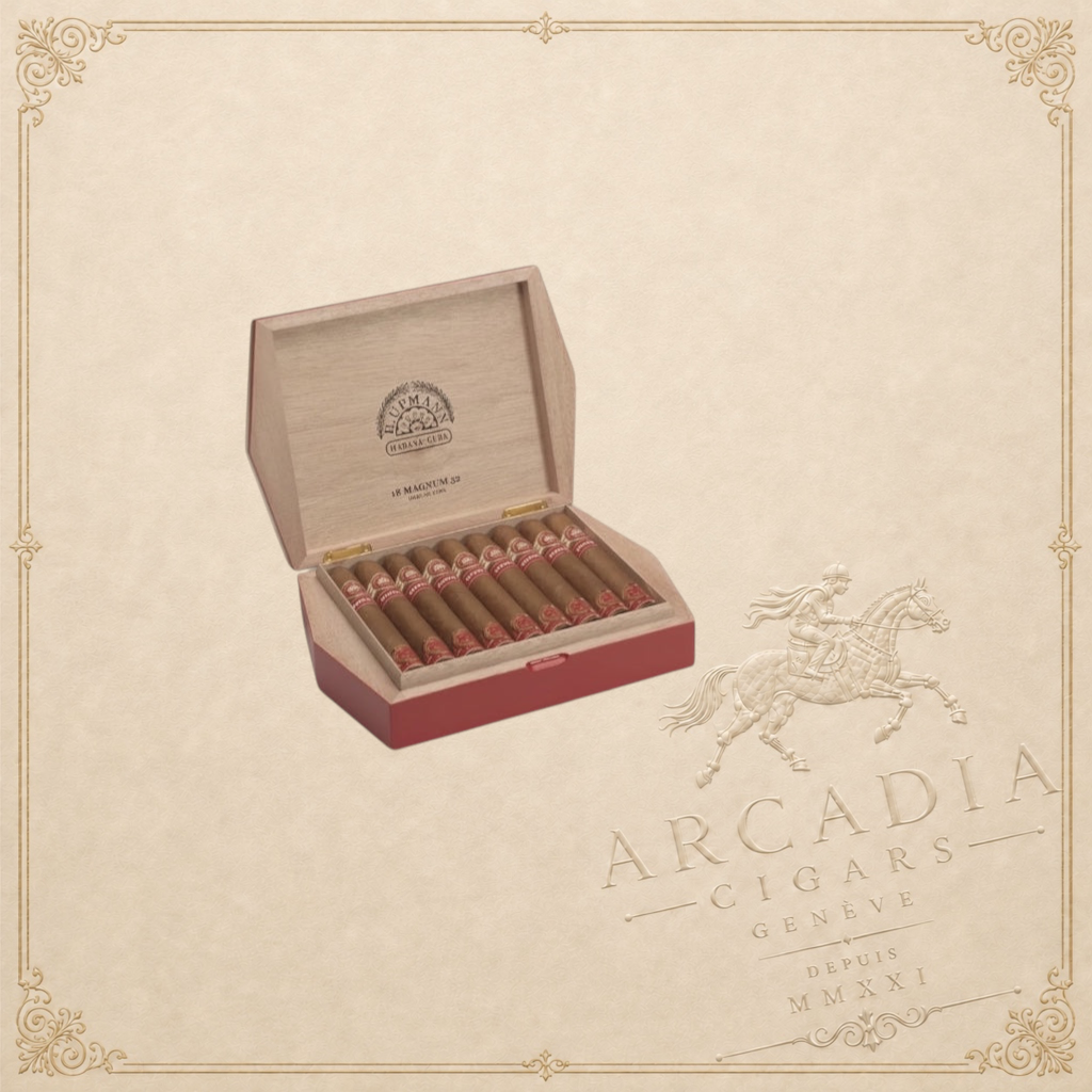 Arcadia Cigars H. Upmann Magnum 52 Year of the Tiger 2022 Limited Edition box of 18 cigars. Medium-bodied, aromatic, cedar, coffee, spice notes.