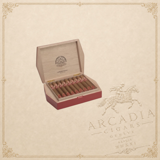 Arcadia Cigars H. Upmann Magnum 52 Year of the Tiger 2022 Limited Edition box of 18 cigars. Medium-bodied, aromatic, cedar, coffee, spice notes.
