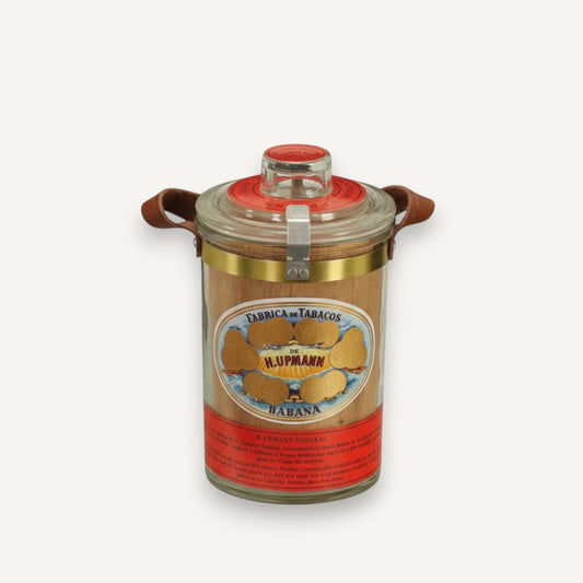 Arcadia Cigars H. Upmann Noellas cigar jar, La Casa del Habano exclusive, glass with leather straps, 25 cigars.