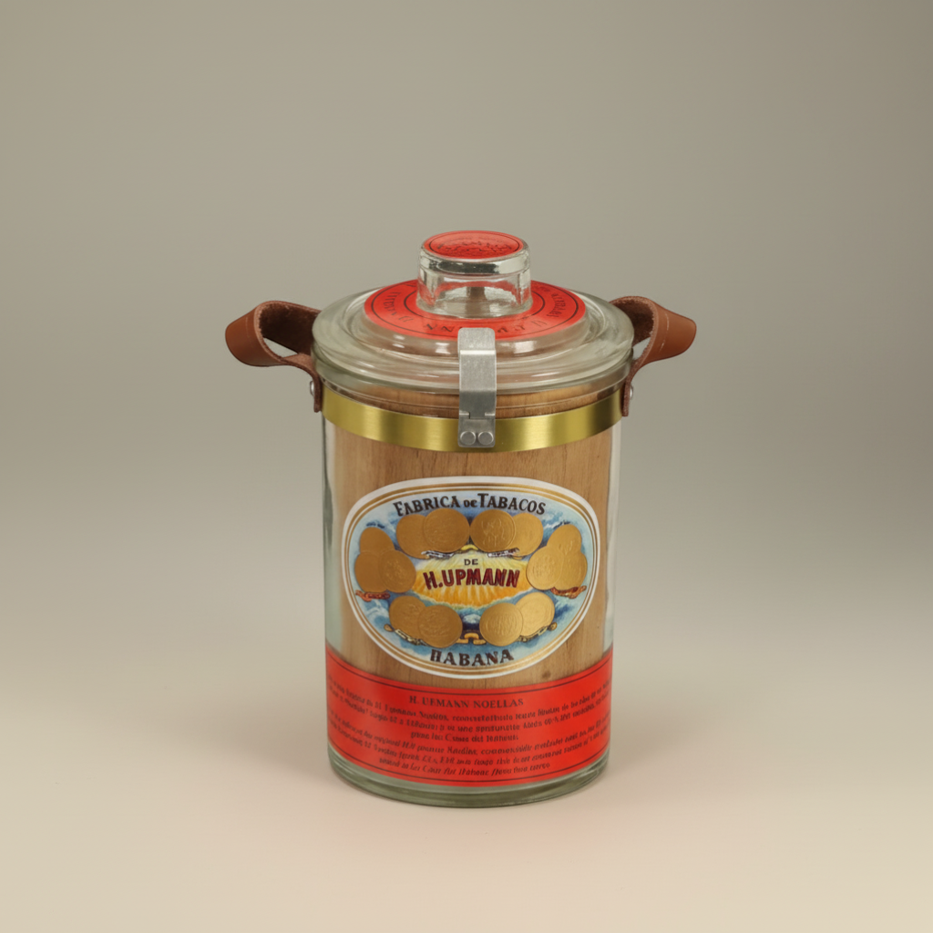 Arcadia Cigars H. Upmann Noellas cigar jar, La Casa del Habano exclusive, glass with leather straps, 25 cigars.