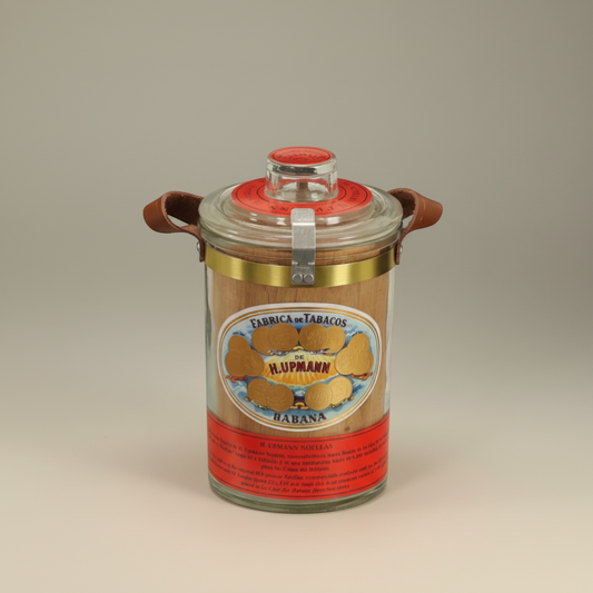 Arcadia Cigars H. Upmann Noellas cigar jar, La Casa del Habano exclusive, glass with leather straps, 25 cigars.