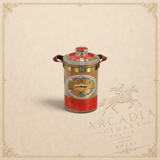 Arcadia Cigars H. Upmann Noellas cigar jar, La Casa del Habano exclusive, glass with leather straps, 25 cigars.