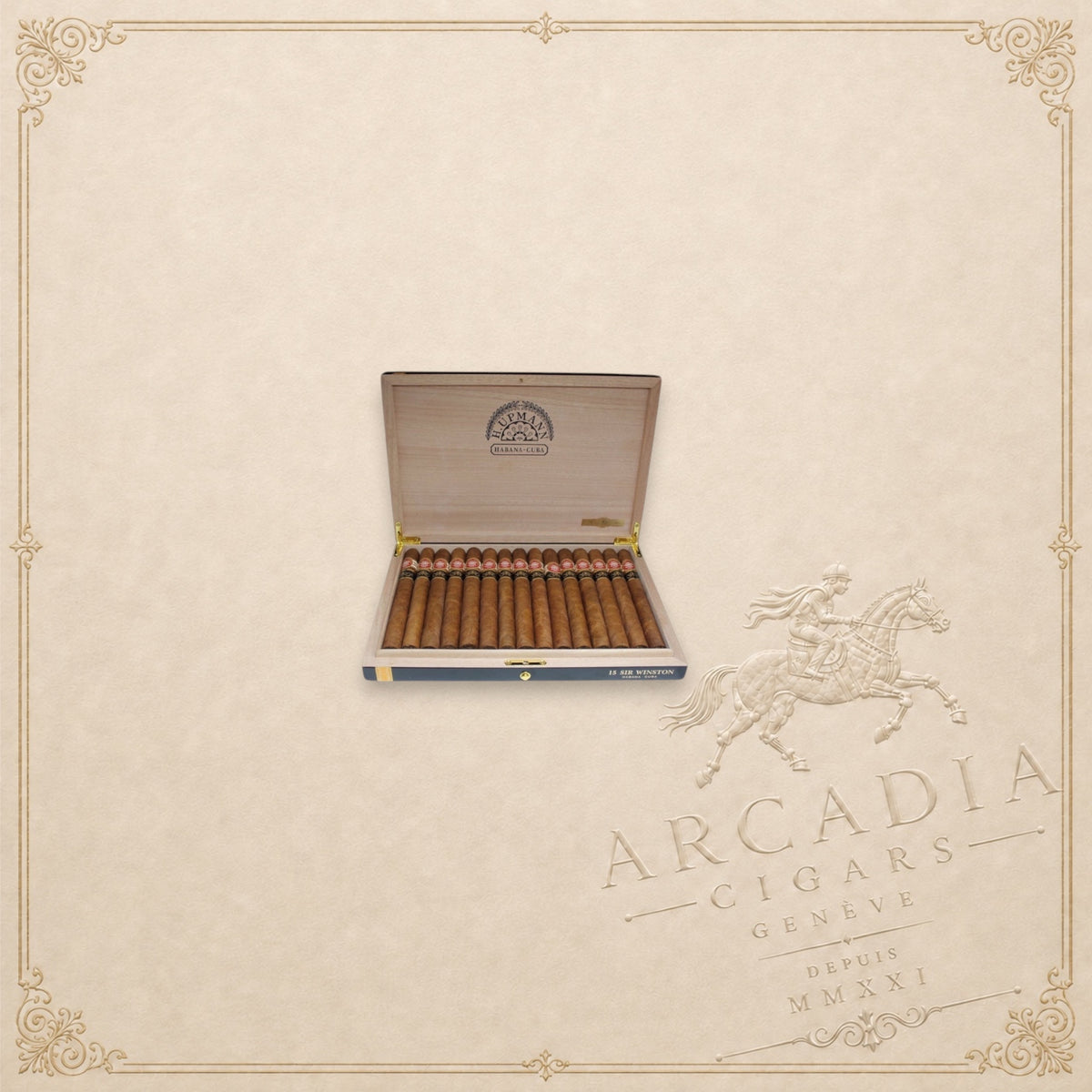 Arcadia Cigars H. Upmann Sir Winston Gran Reserva 2011 cigar box with 15 premium Cuban cigars in a wooden case.