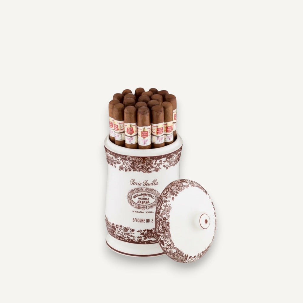 Arcadia Cigars Hoyo de Monterrey Epicure No. 2 Serie Sevilla ceramic jar with 25 Cuban cigars. Robusto format, mild-medium strength.