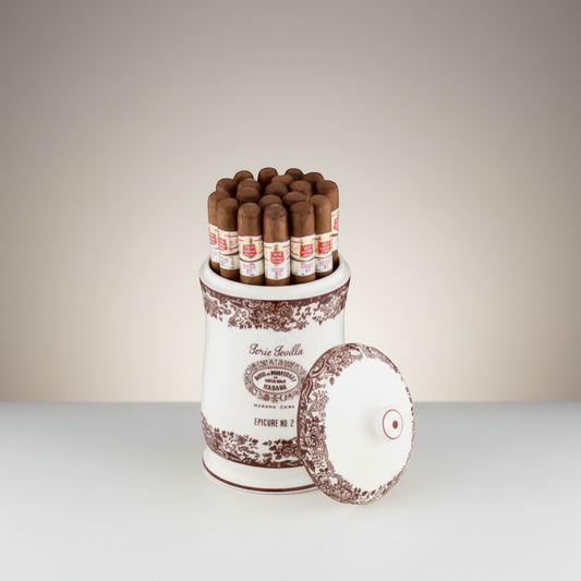Arcadia Cigars Hoyo de Monterrey Epicure No. 2 Serie Sevilla ceramic jar with 25 Cuban cigars. Robusto format, mild-medium strength.