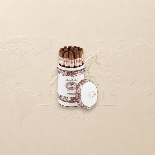 Arcadia Cigars Hoyo de Monterrey Epicure No. 2 Serie Sevilla ceramic jar with 25 Cuban cigars. Robusto format, mild-medium strength.
