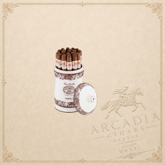 Arcadia Cigars Hoyo de Monterrey Epicure No. 2 Serie Sevilla ceramic jar with 25 Cuban cigars. Robusto format, mild-medium strength.