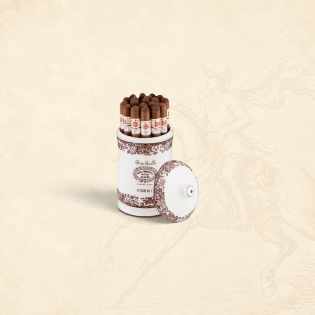 Arcadia Cigars Hoyo de Monterrey Epicure No. 2 Serie Sevilla ceramic jar with 25 Cuban cigars. Robusto format, mild-medium strength.